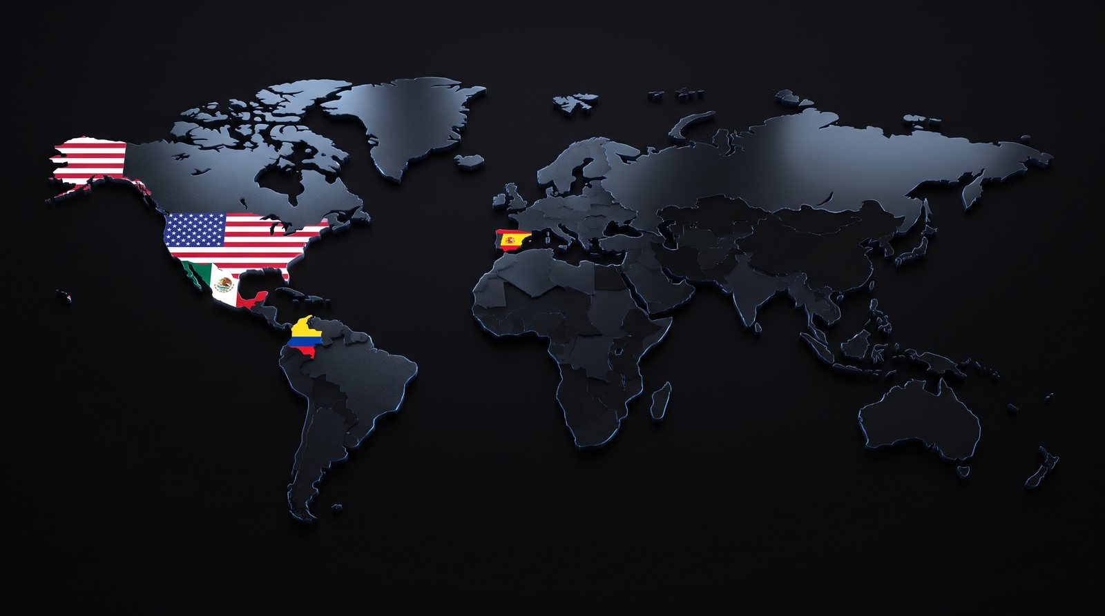 Mapa del mundo con Estados Unidos, México, Colombia y España marcados con su bandera